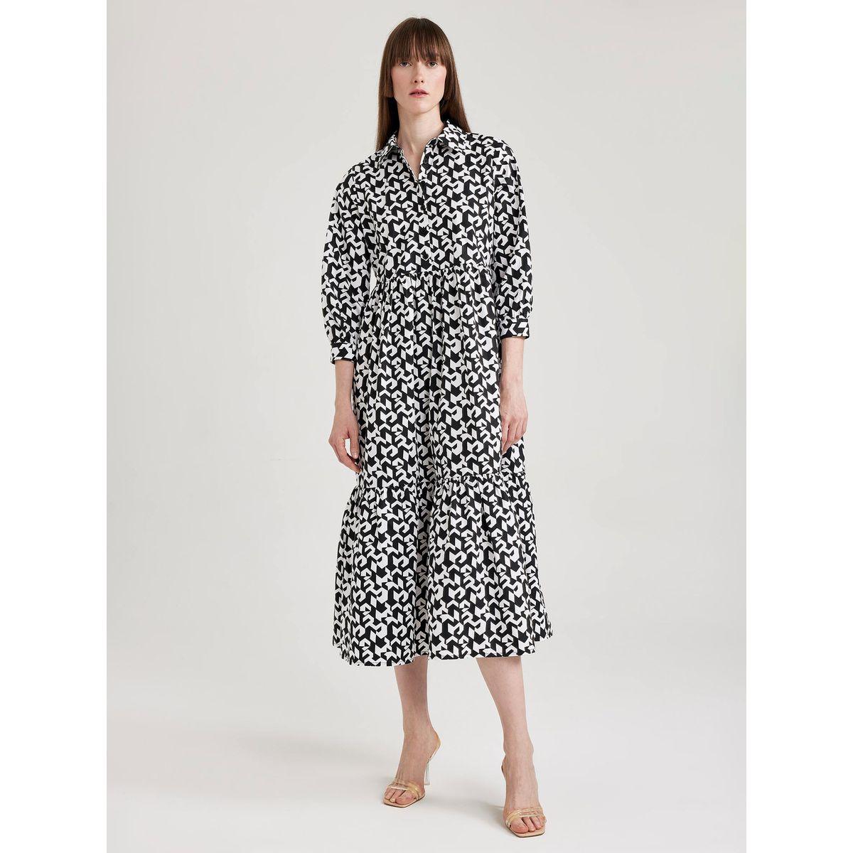 فستان ميدي بنمط بلوزة بوبلين وطبعة هندسية ديفاكتو × ستايلي-women-clothing-dresses-image-2