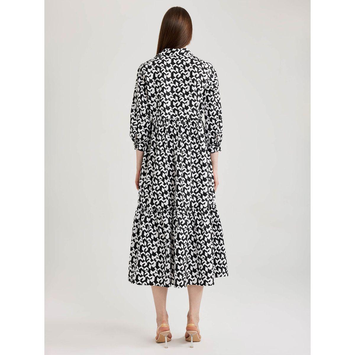 فستان ميدي بنمط بلوزة بوبلين وطبعة هندسية ديفاكتو × ستايلي-women-clothing-dresses-image-3