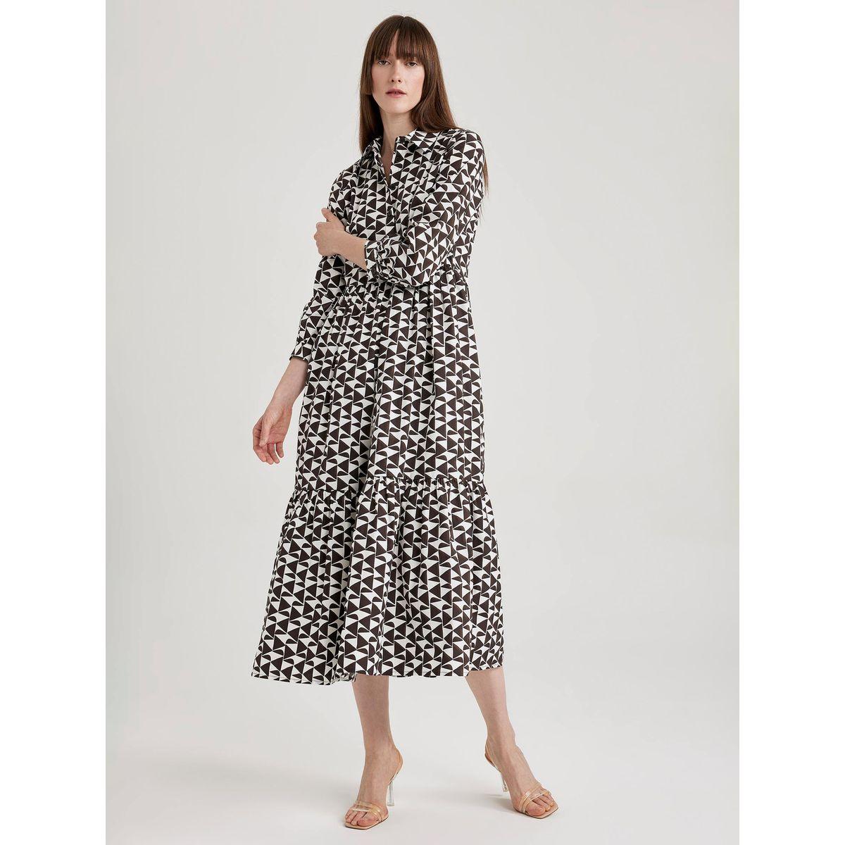 فستان ميدي بنمط بلوزة بوبلين وطبعة هندسية ديفاكتو × ستايلي-women-clothing-dresses-image-1