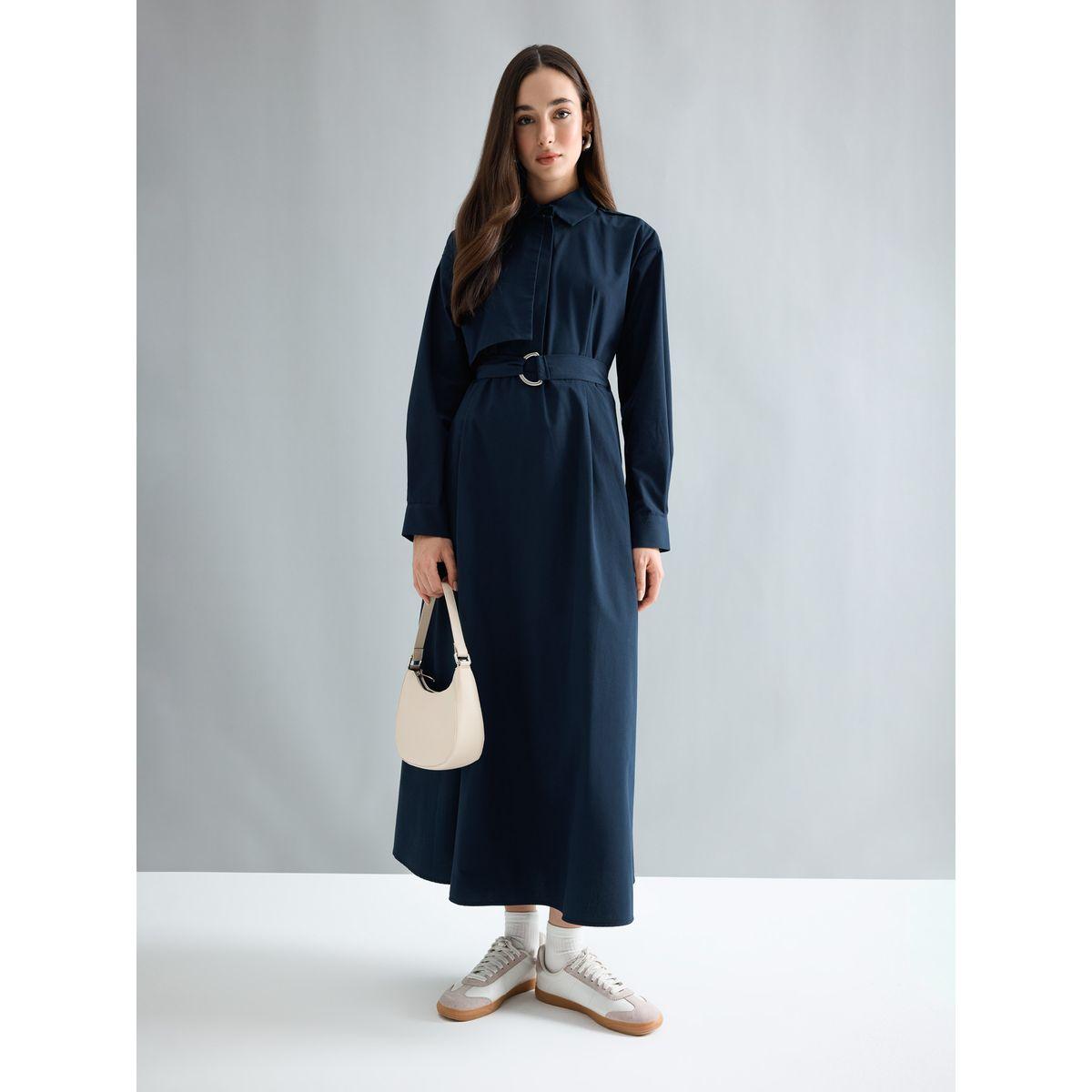 فستان طويل سادة بحزام خصر ديفاكتو × ستايلي-women-clothing-dresses-image-1