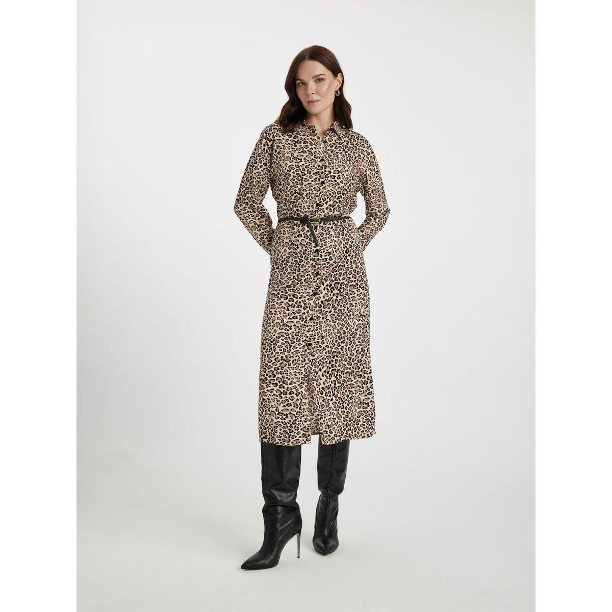 DeFacto X Styli  Leopard Print Belted Shirt Midi Dress-women-clothing-dresses-image-2
