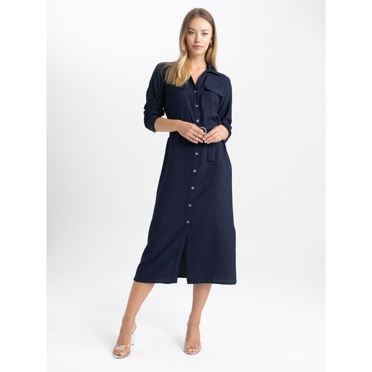 DeFacto X Styli  Solid Button Placket Belted Shirt Midi Dress-women-clothing-dresses-image-1