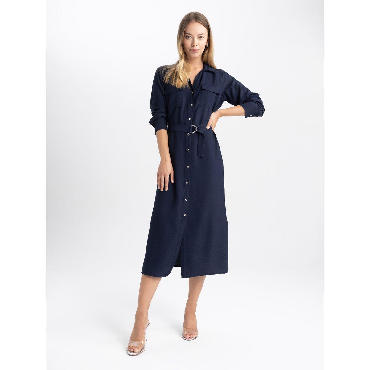 فستان ميدي سادة مزين بأزرار مع حزام خصر ديفاكتو × ستايلي-women-clothing-dresses-image-2