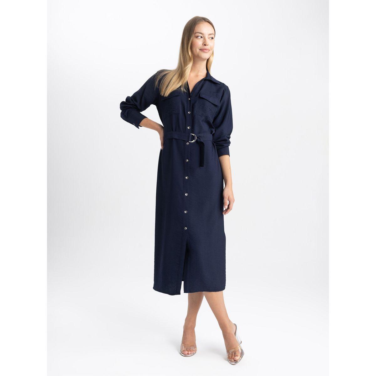 فستان ميدي سادة مزين بأزرار مع حزام خصر ديفاكتو × ستايلي-women-clothing-dresses-image-3
