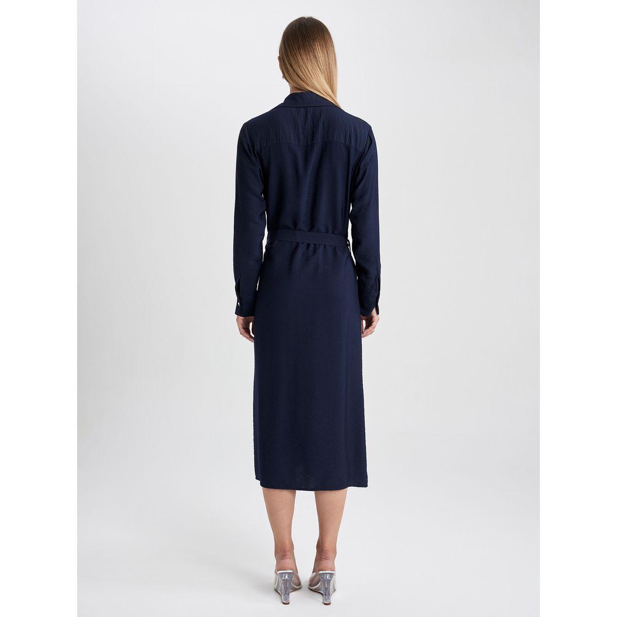 DeFacto X Styli  Solid Button Placket Belted Shirt Midi Dress-women-clothing-dresses-image-4
