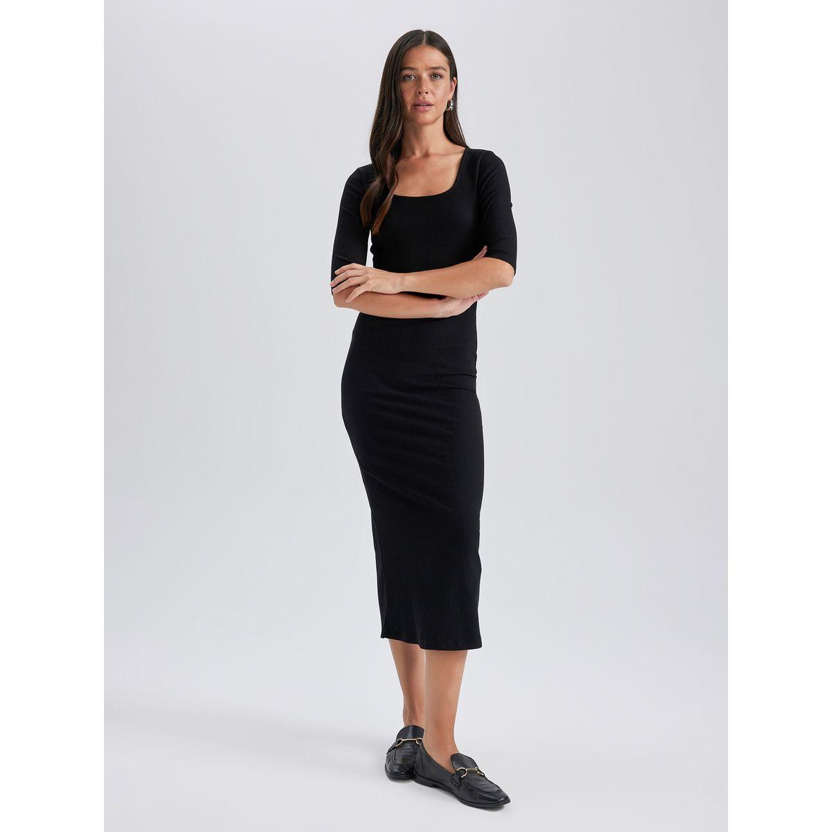 فستان ميدي بديكون بتفاصيل مضلعة وياقة واسعة ديفاكتو × ستايلي-women-clothing-dresses-image-1