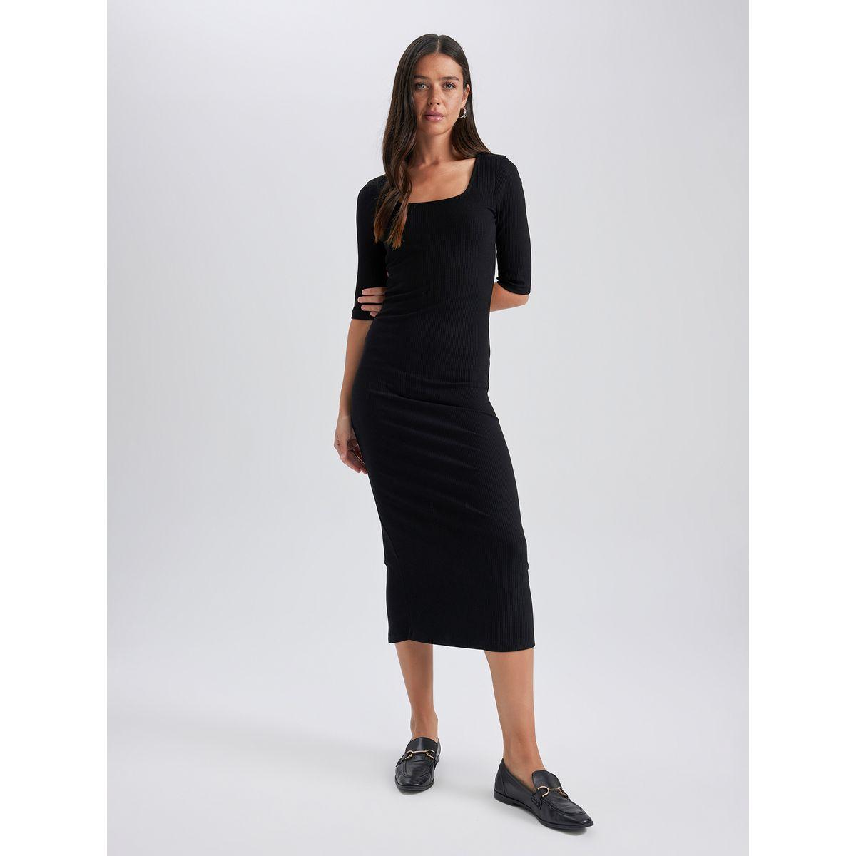 فستان ميدي بديكون بتفاصيل مضلعة وياقة واسعة ديفاكتو × ستايلي-women-clothing-dresses-image-2