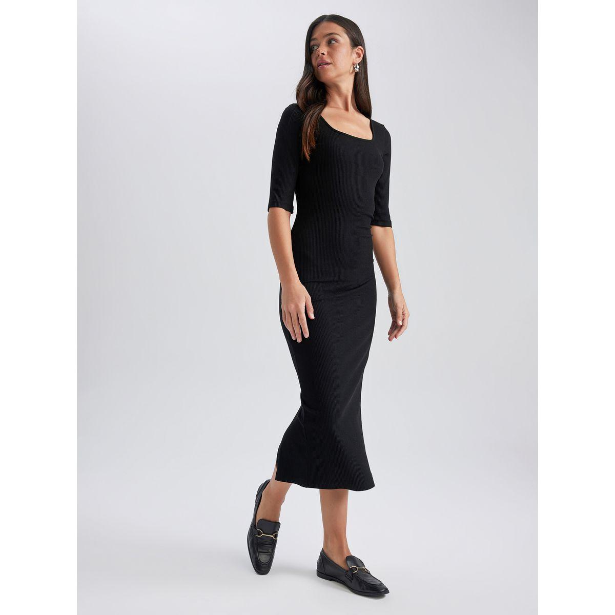 فستان ميدي بديكون بتفاصيل مضلعة وياقة واسعة ديفاكتو × ستايلي-women-clothing-dresses-image-3