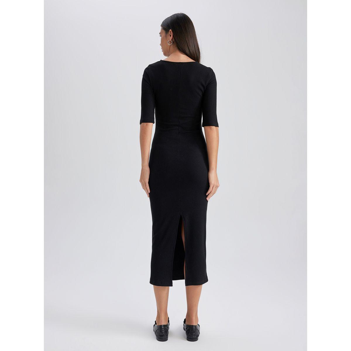 فستان ميدي بديكون بتفاصيل مضلعة وياقة واسعة ديفاكتو × ستايلي-women-clothing-dresses-image-4