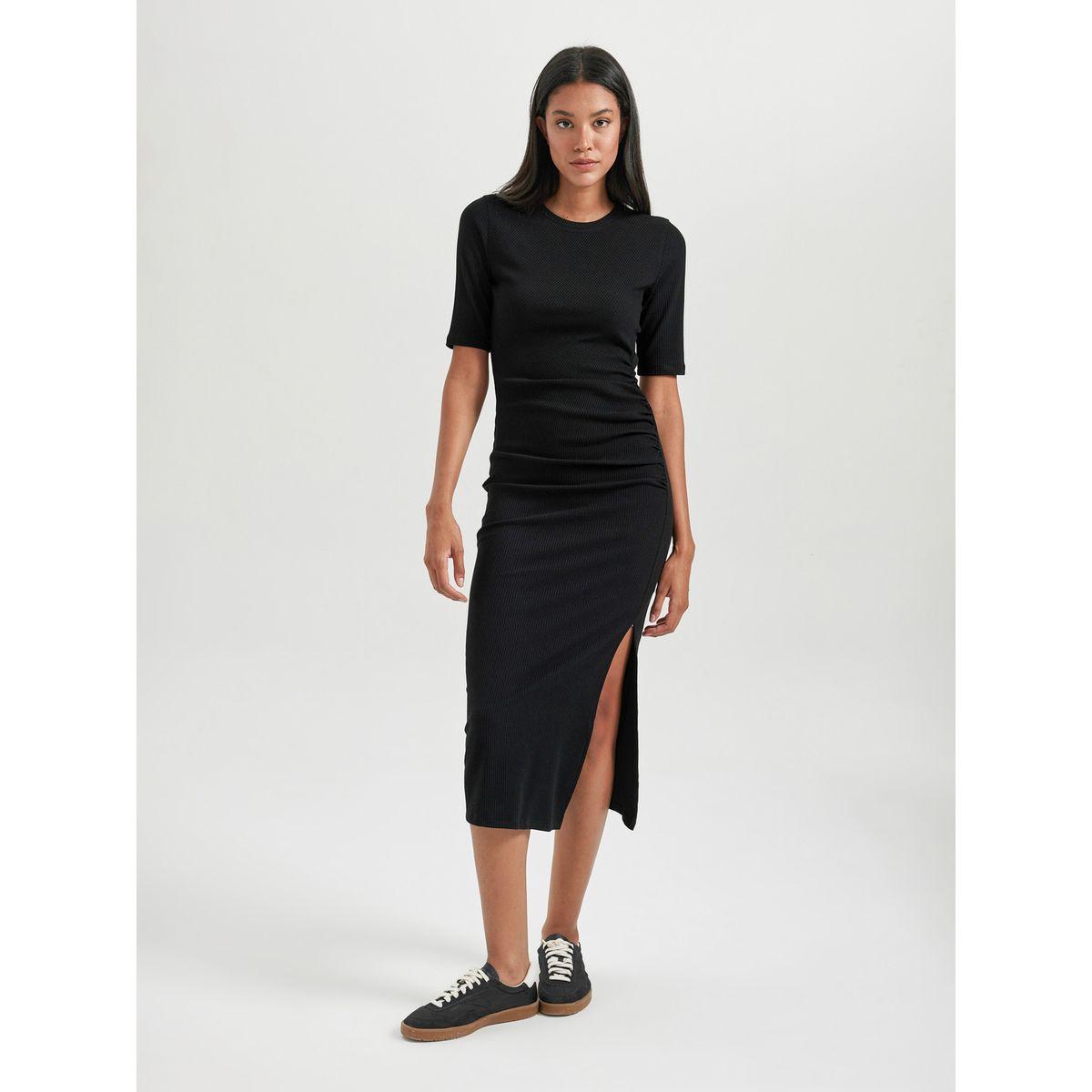 فستان ميدي بديكون بتفاصيل مضلعة مع شق جانبي ديفاكتو × ستايلي-women-clothing-dresses-image-1