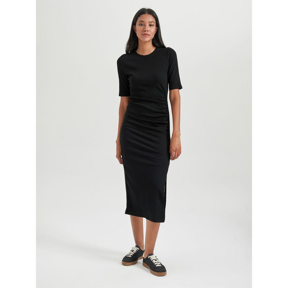 فستان ميدي بديكون بتفاصيل مضلعة مع شق جانبي ديفاكتو × ستايلي-women-clothing-dresses-image-2