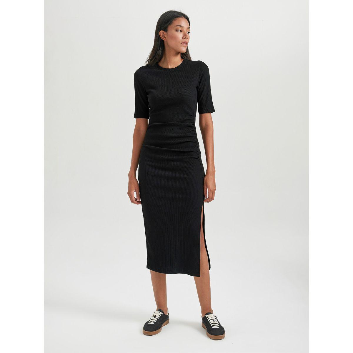 فستان ميدي بديكون بتفاصيل مضلعة مع شق جانبي ديفاكتو × ستايلي-women-clothing-dresses-image-3