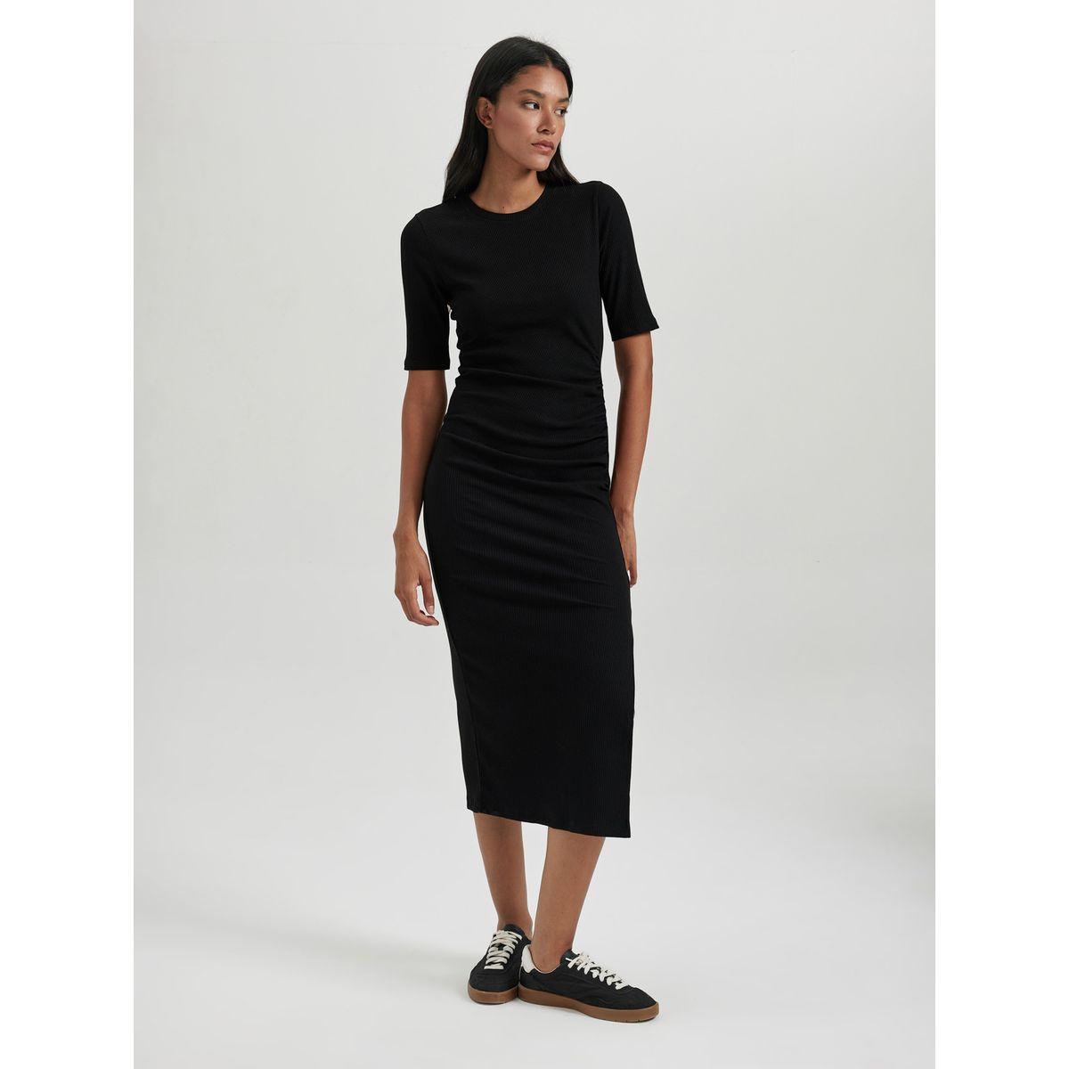 فستان ميدي بديكون بتفاصيل مضلعة مع شق جانبي ديفاكتو × ستايلي-women-clothing-dresses-image-4