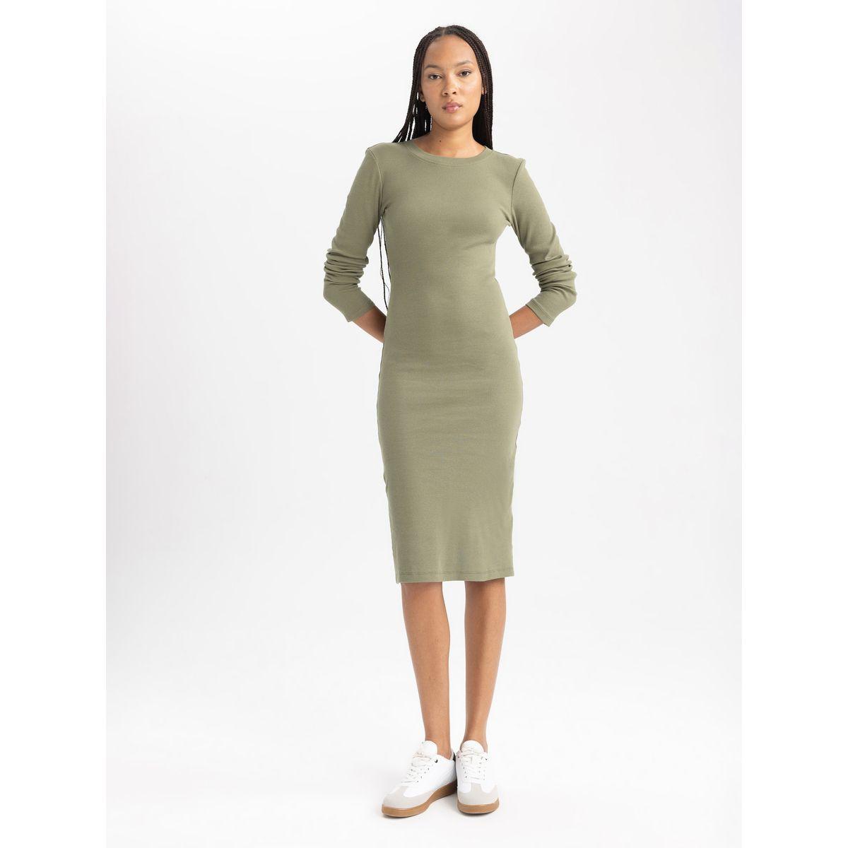 فستان ميدي بديكون بتفاصيل مضلعة وياقة دائرية ديفاكتو × ستايلي-women-clothing-dresses-image-2