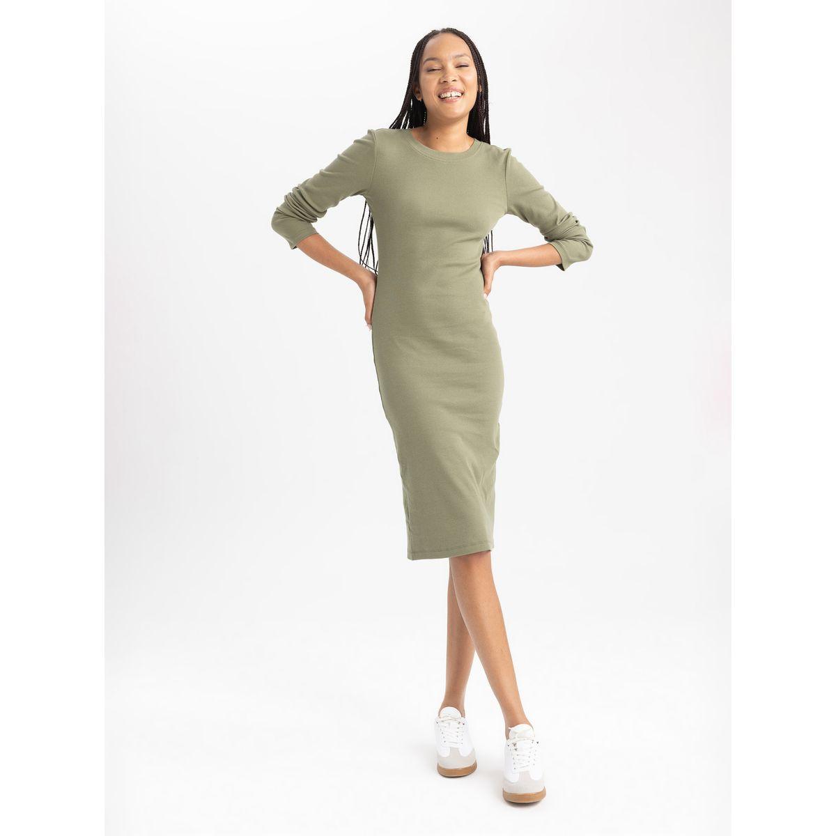 فستان ميدي بديكون بتفاصيل مضلعة وياقة دائرية ديفاكتو × ستايلي-women-clothing-dresses-image-3