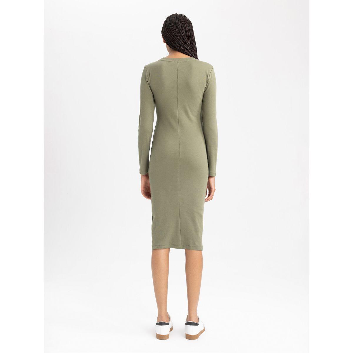 فستان ميدي بديكون بتفاصيل مضلعة وياقة دائرية ديفاكتو × ستايلي-women-clothing-dresses-image-4