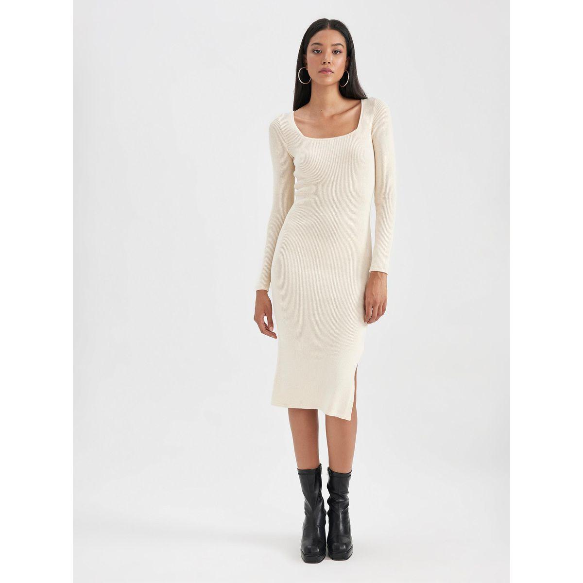 DeFacto X Styli  Rib Square Neck Bodycon Midi Dress with Side Slit-women-clothing-dresses-image-1