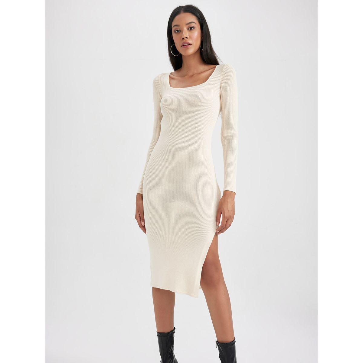 DeFacto X Styli  Rib Square Neck Bodycon Midi Dress with Side Slit-women-clothing-dresses-image-2