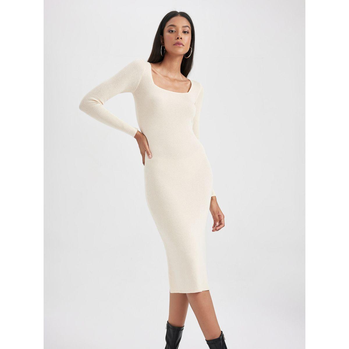 DeFacto X Styli  Rib Square Neck Bodycon Midi Dress with Side Slit-women-clothing-dresses-image-3