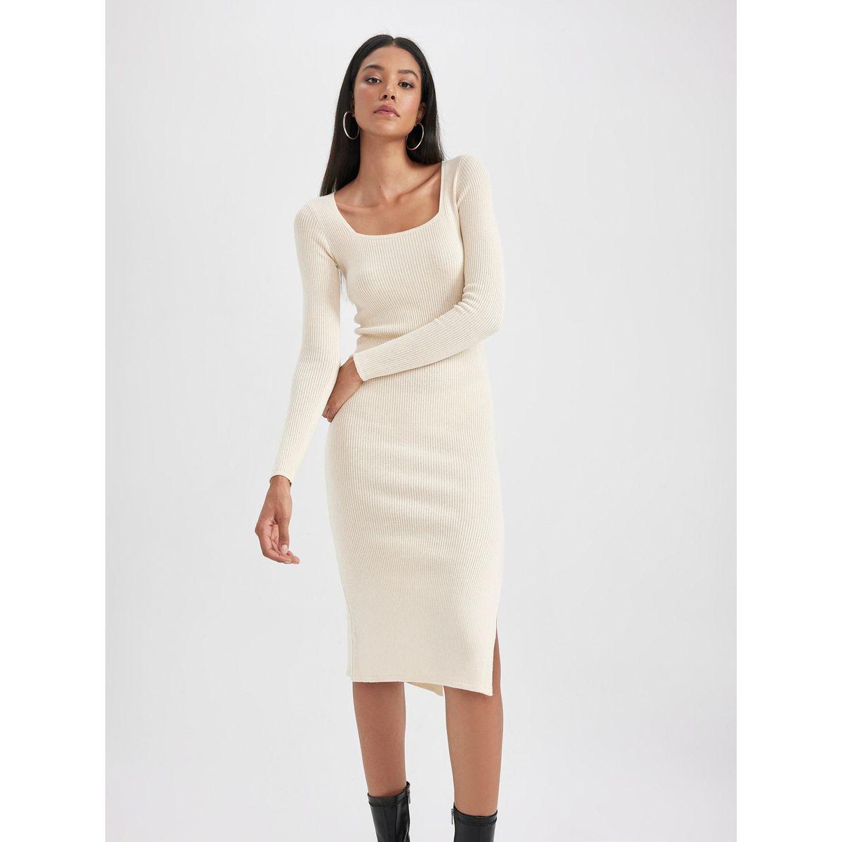 DeFacto X Styli  Rib Square Neck Bodycon Midi Dress with Side Slit-women-clothing-dresses-image-4