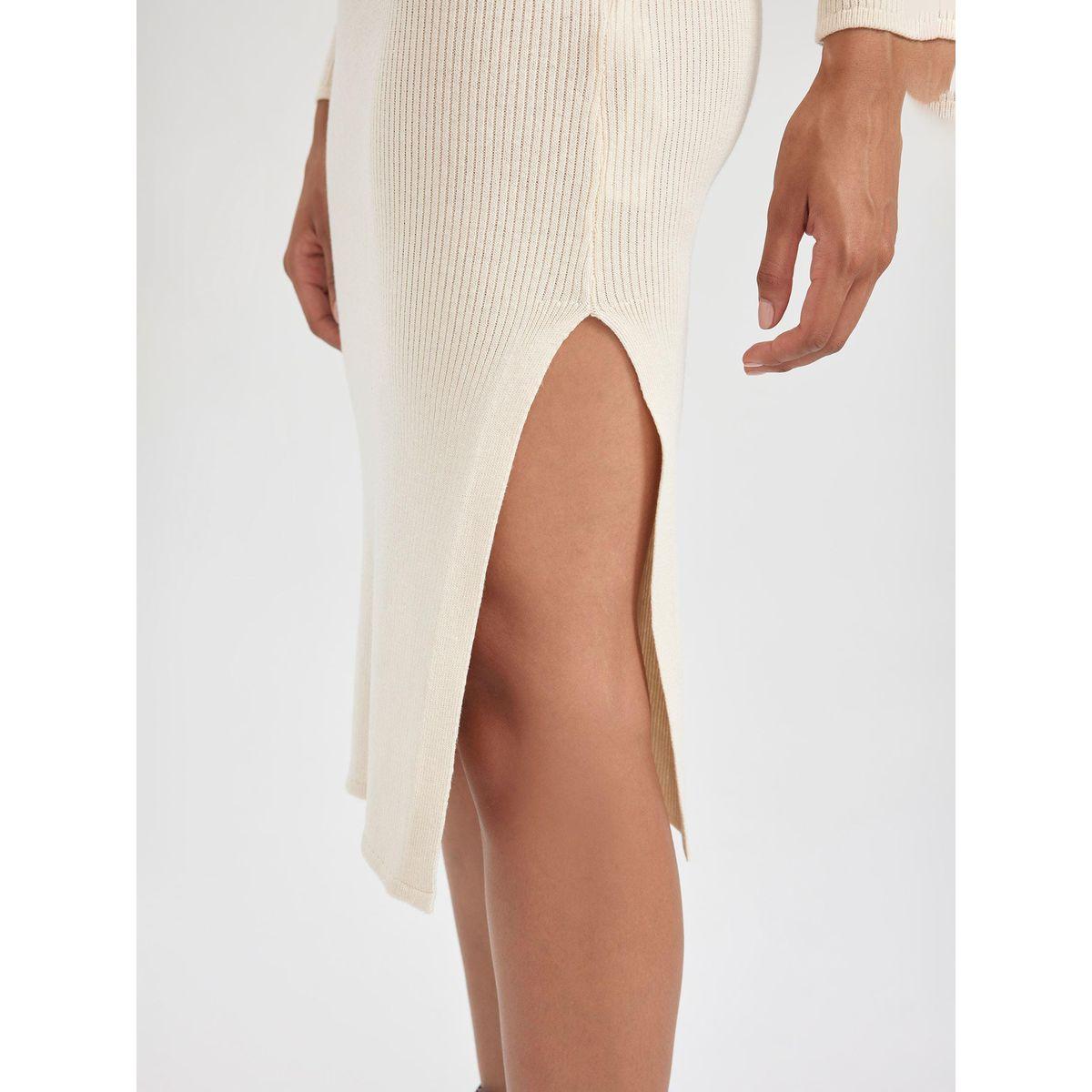 DeFacto X Styli  Rib Square Neck Bodycon Midi Dress with Side Slit-women-clothing-dresses-image-6