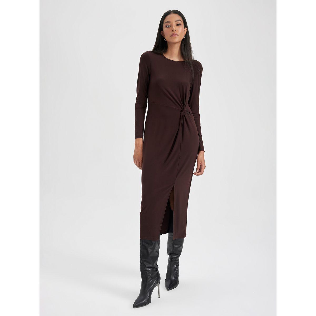 DeFacto X Styli  Solid Knot Front Detail Midi Dress with Split Hem-women-clothing-dresses-image-1
