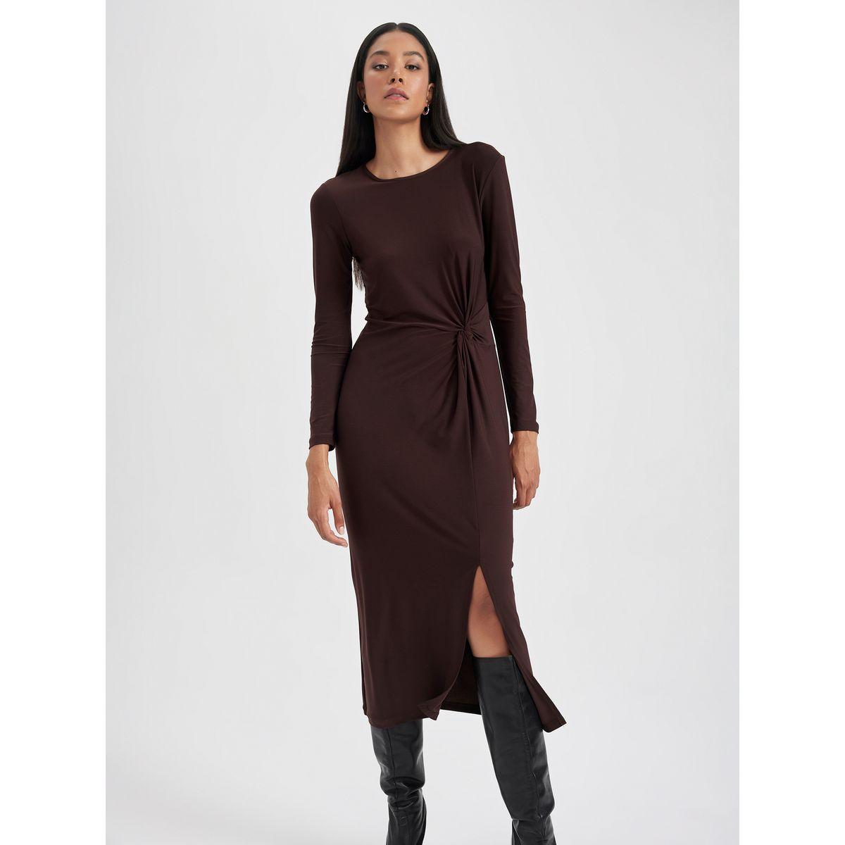 DeFacto X Styli  Solid Knot Front Detail Midi Dress with Split Hem-women-clothing-dresses-image-2