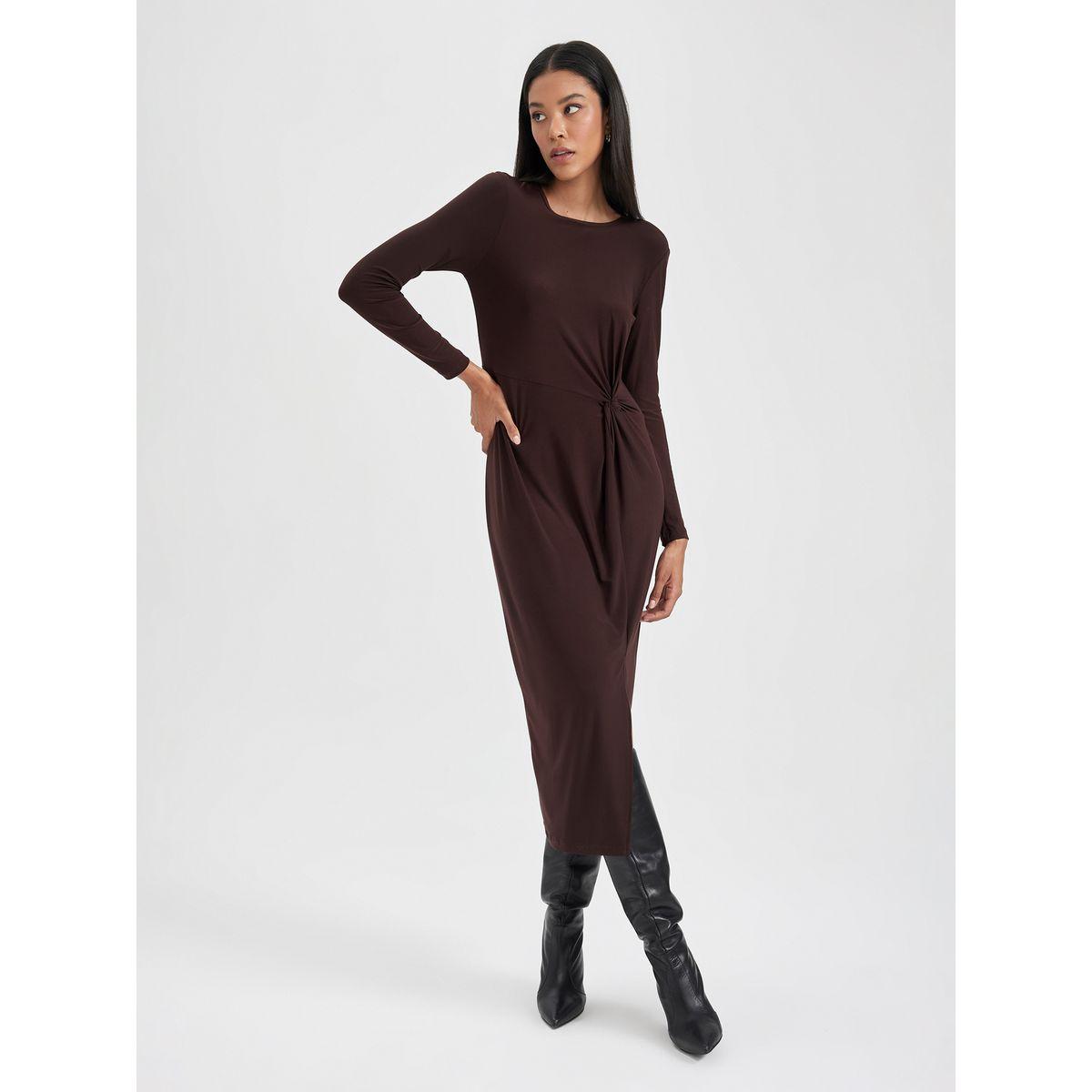 DeFacto X Styli  Solid Knot Front Detail Midi Dress with Split Hem-women-clothing-dresses-image-3