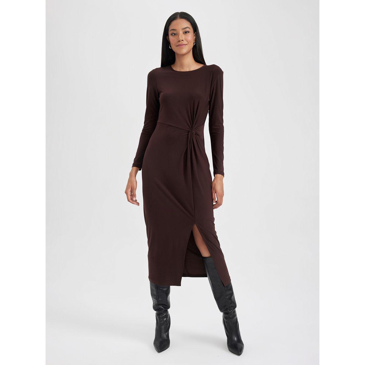 DeFacto X Styli  Solid Knot Front Detail Midi Dress with Split Hem-women-clothing-dresses-image-4