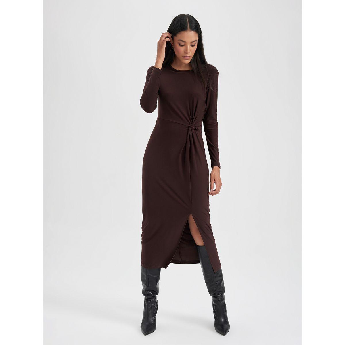 DeFacto X Styli  Solid Knot Front Detail Midi Dress with Split Hem-women-clothing-dresses-image-5