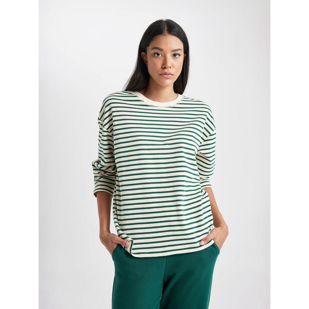 سويت شيرت مخطط بقصة عادية وياقة دائرية ديفاكتو × ستايلي-women-winterwear-hoodiesandsweatshirts-sweatshirts-image-1