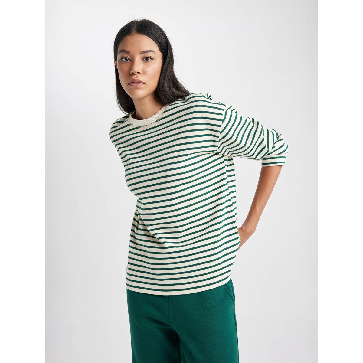 سويت شيرت مخطط بقصة عادية وياقة دائرية ديفاكتو × ستايلي-women-winterwear-hoodiesandsweatshirts-sweatshirts-image-3