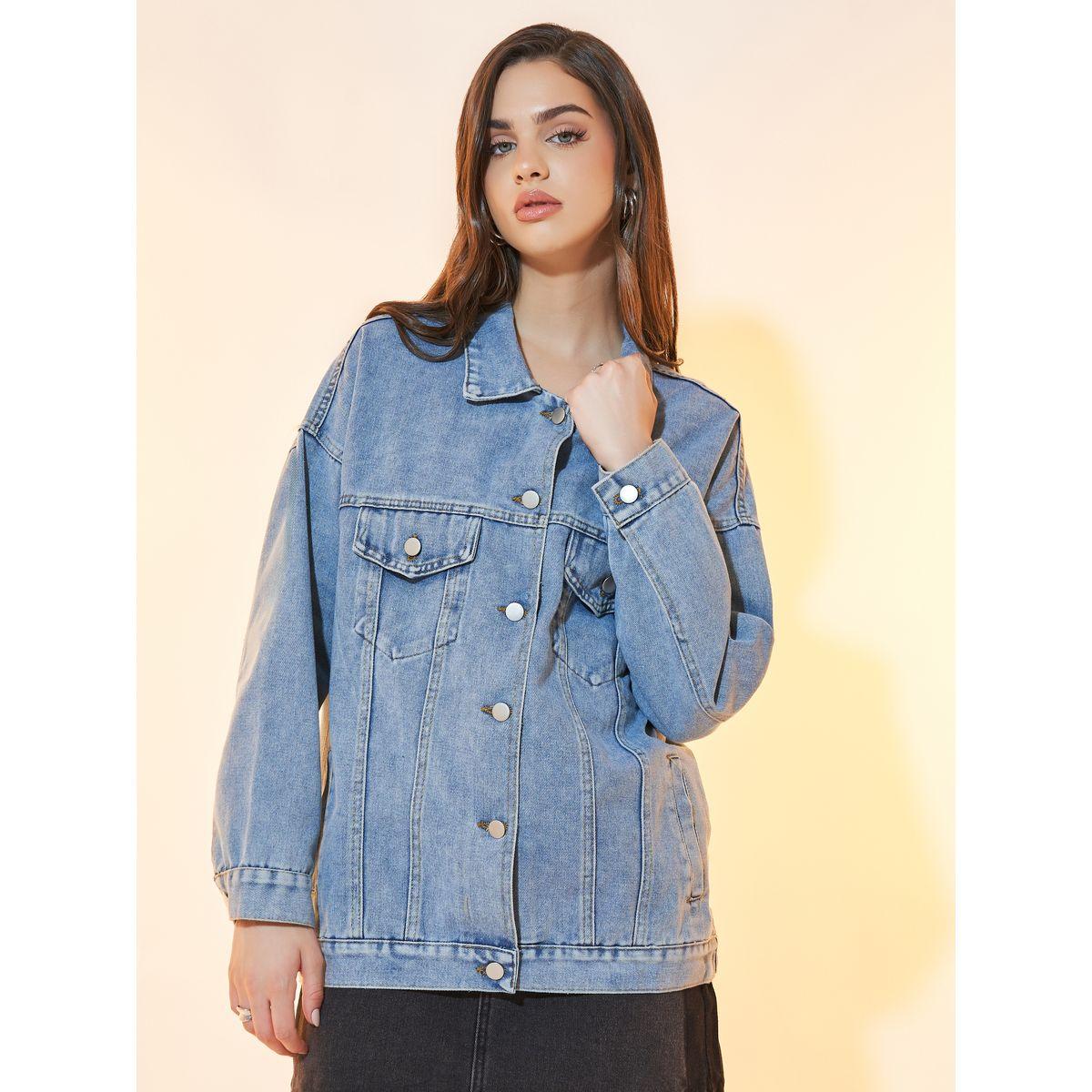 Styli Relaxed Fit Denim Jacket with Flap Pockets-women-winterwear-coatsandjackets-jackets-image-1