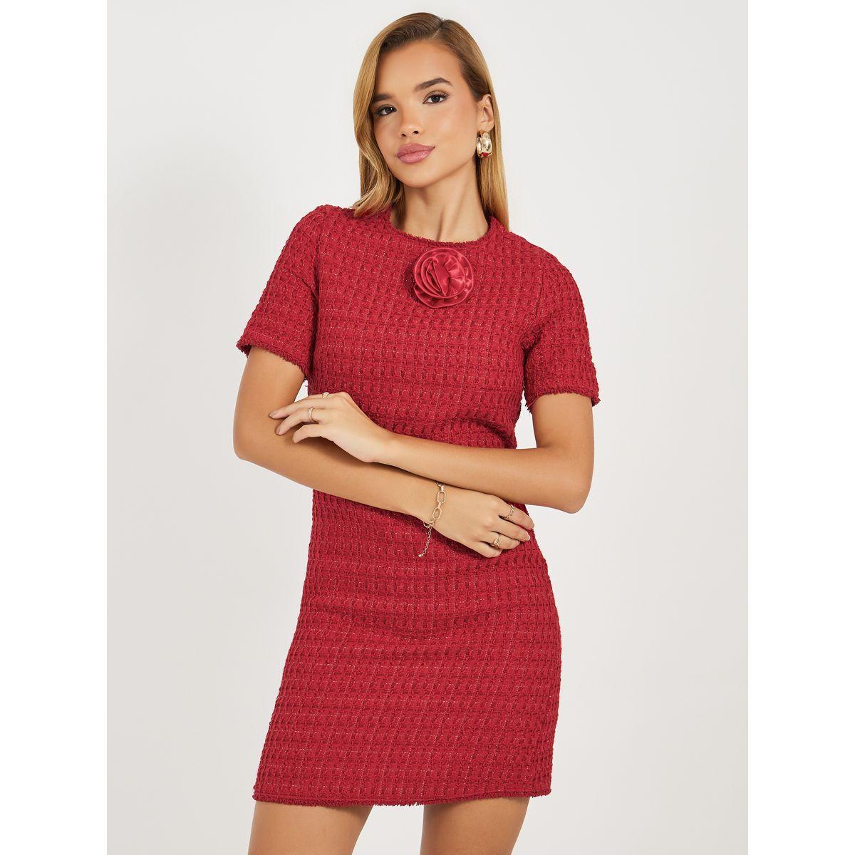 Styli Tweed Shift Mini Dress with Floral Corsage-women-clothing-dresses-image-2