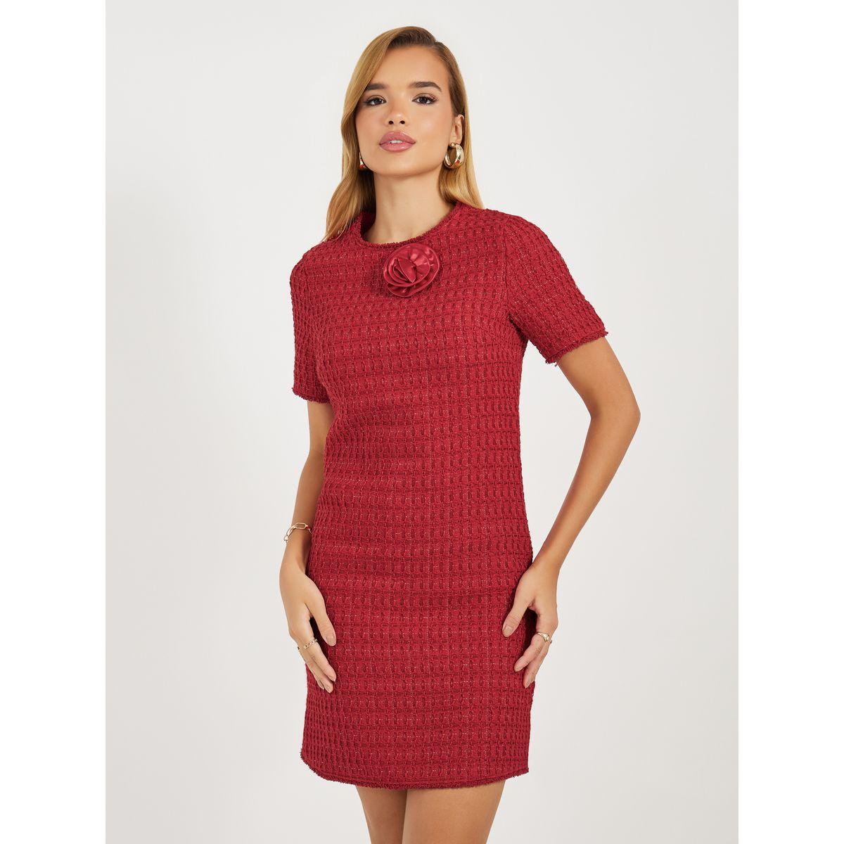 Styli Tweed Shift Mini Dress with Floral Corsage-women-clothing-dresses-image-6