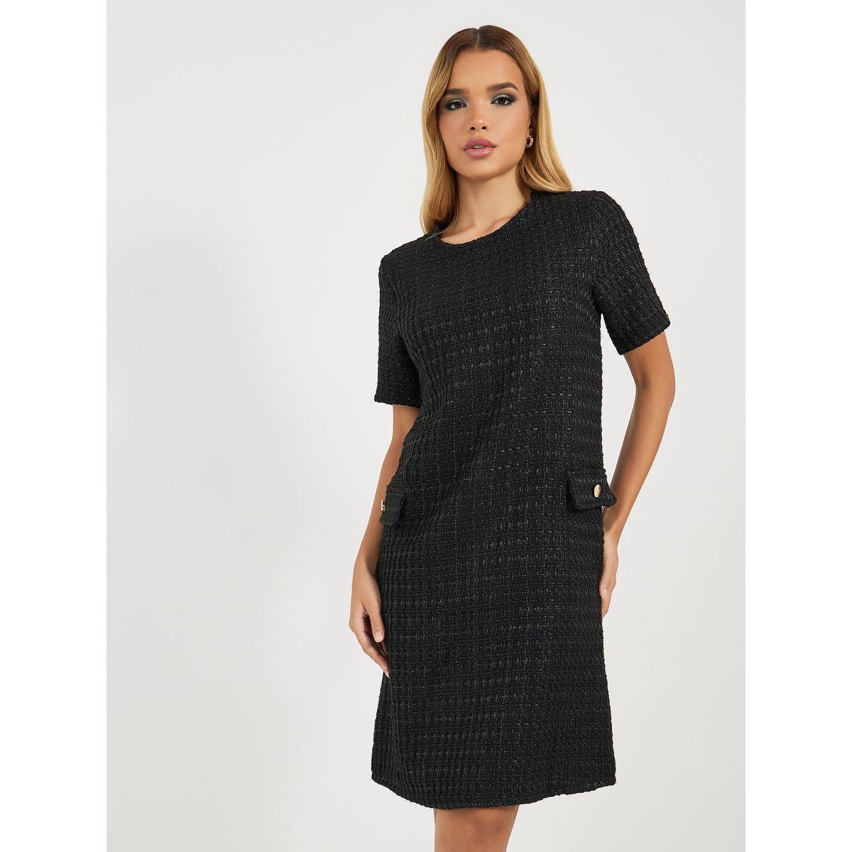 Styli Tweed Shift Knee Length Dress with Flap Detail-women-clothing-dresses-image-2