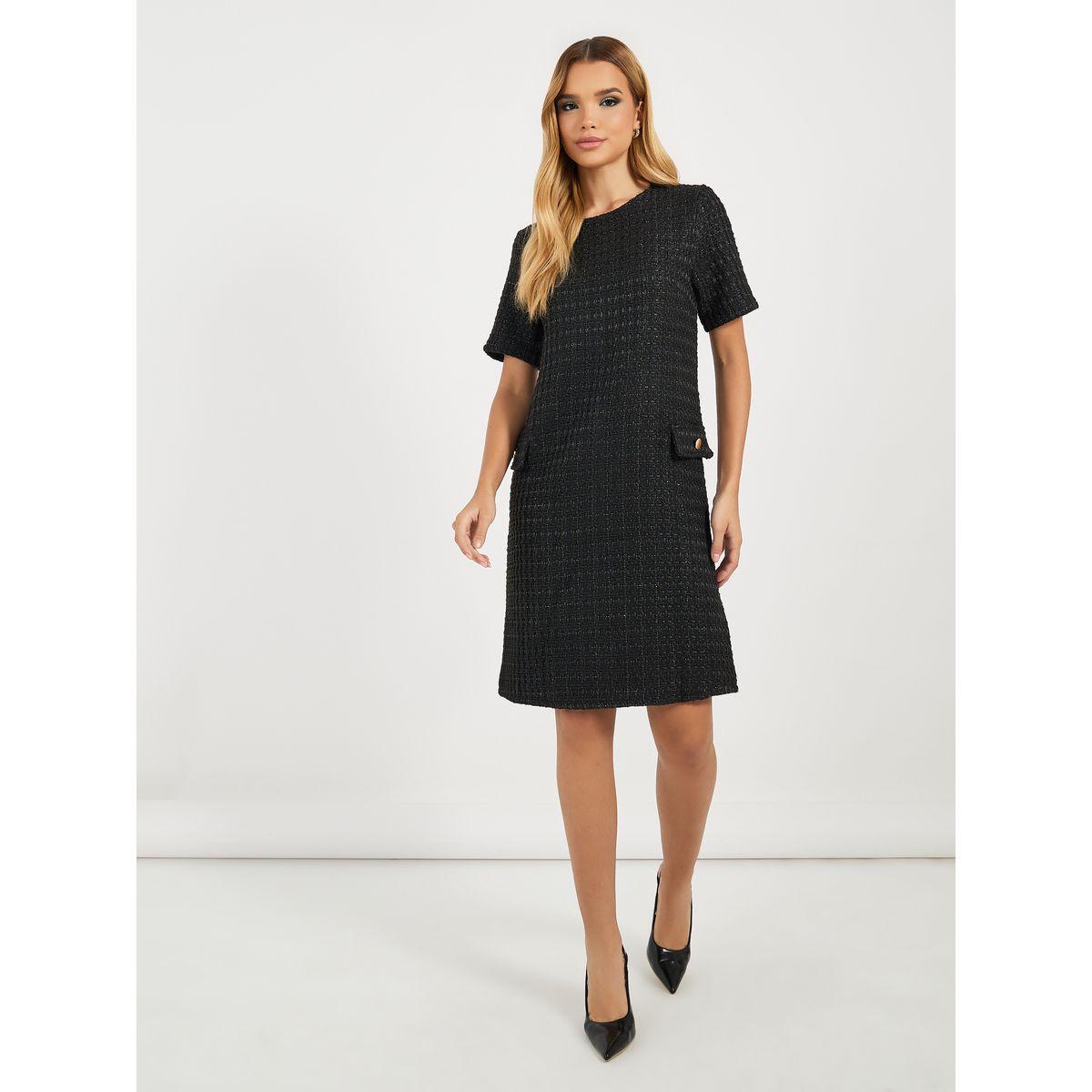 Styli Tweed Shift Knee Length Dress with Flap Detail-women-clothing-dresses-image-4