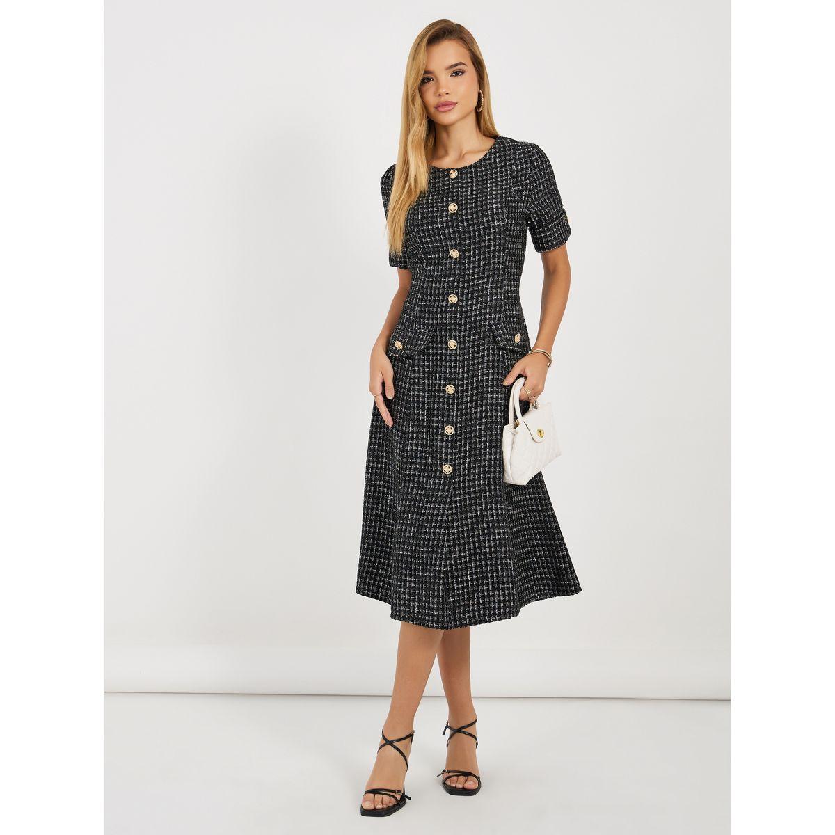 Styli Tweed A-Line Midi Dress with Button Detail-women-clothing-dresses-image-1