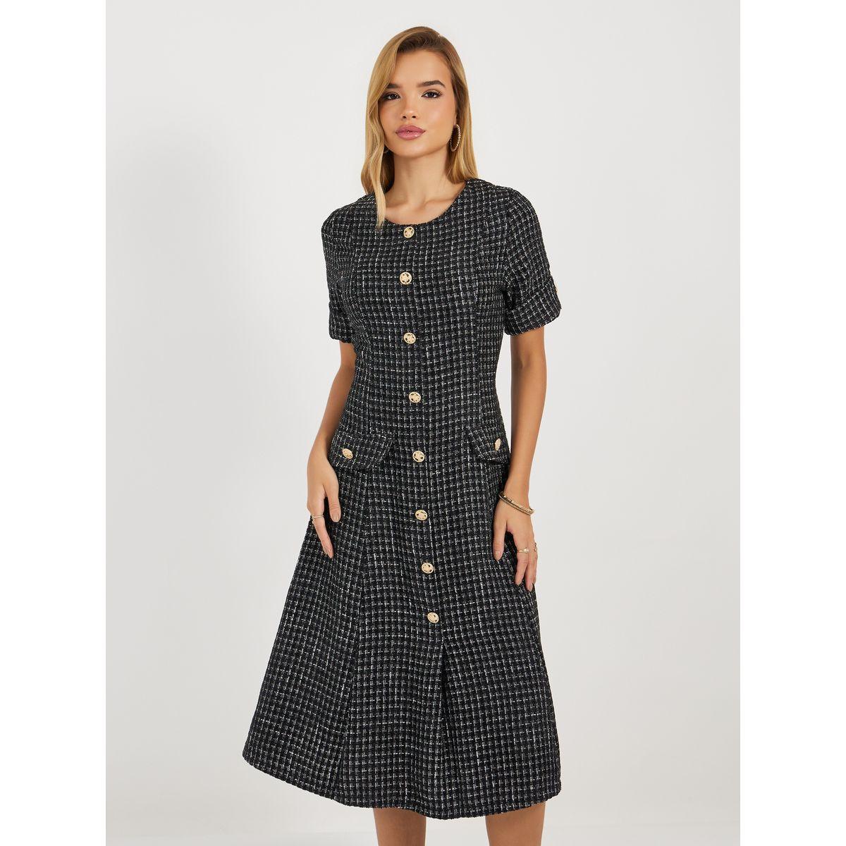 Styli Tweed A-Line Midi Dress with Button Detail-women-clothing-dresses-image-2