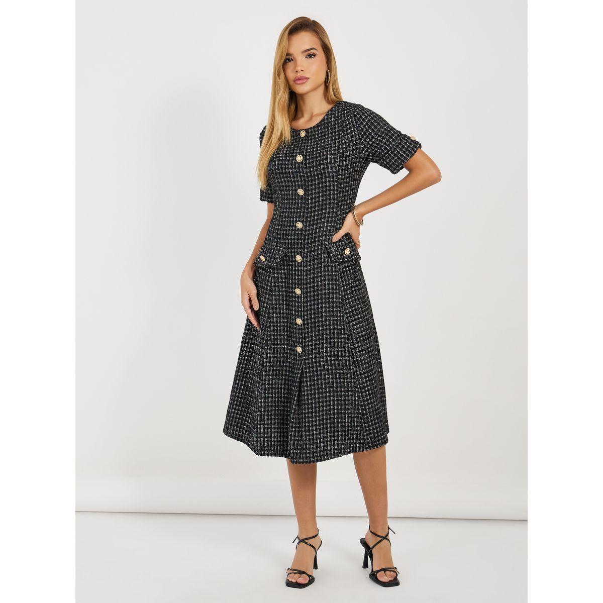 Styli Tweed A-Line Midi Dress with Button Detail-women-clothing-dresses-image-5