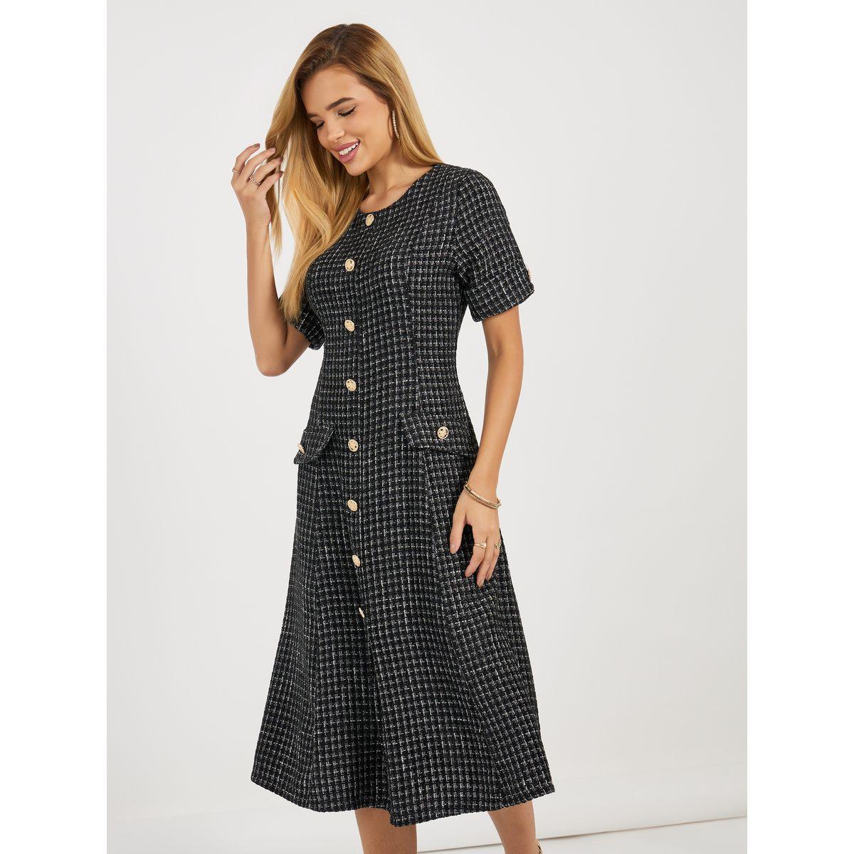 Styli Tweed A-Line Midi Dress with Button Detail-women-clothing-dresses-image-6