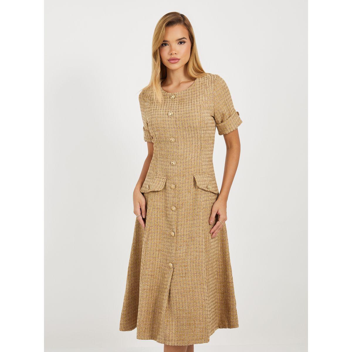 Styli Tweed A-Line Midi Dress with Button Detail-women-clothing-dresses-image-2
