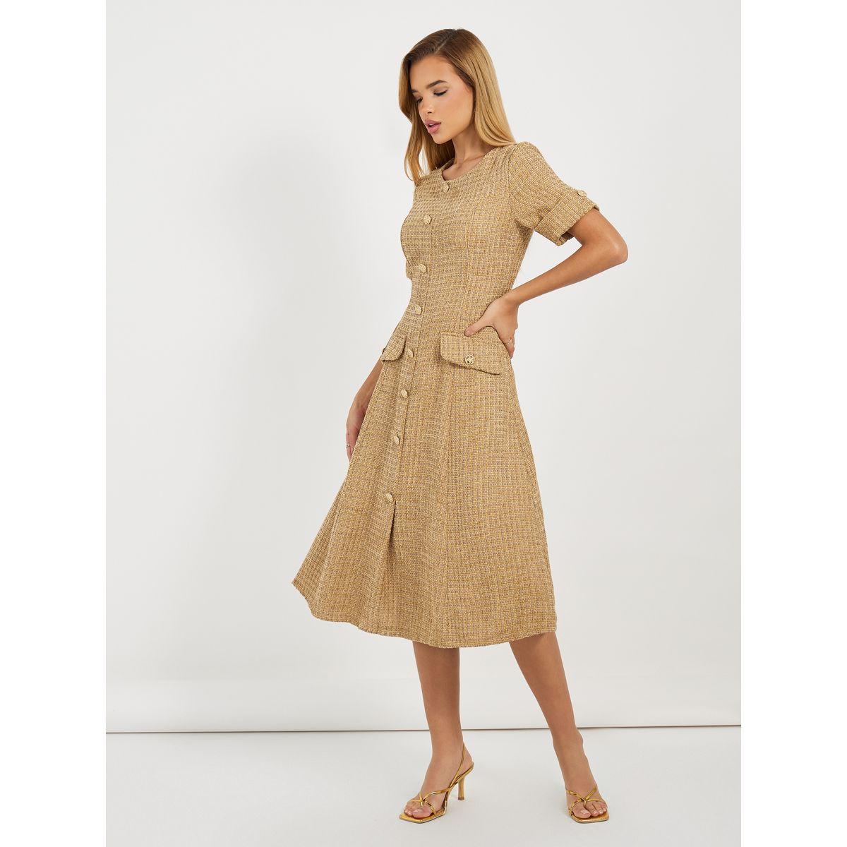 فستان ميدي تويد بحافة واسعة وأزرار-women-clothing-dresses-image-5