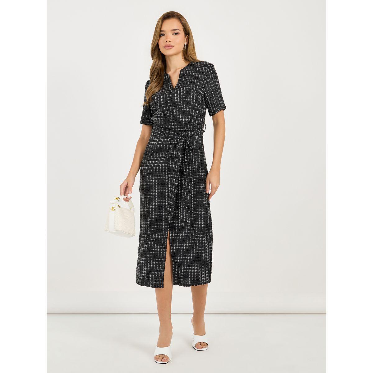 Styli Tweed Checked Sheath Midi Dress with Slit Hem-women-clothing-dresses-image-1
