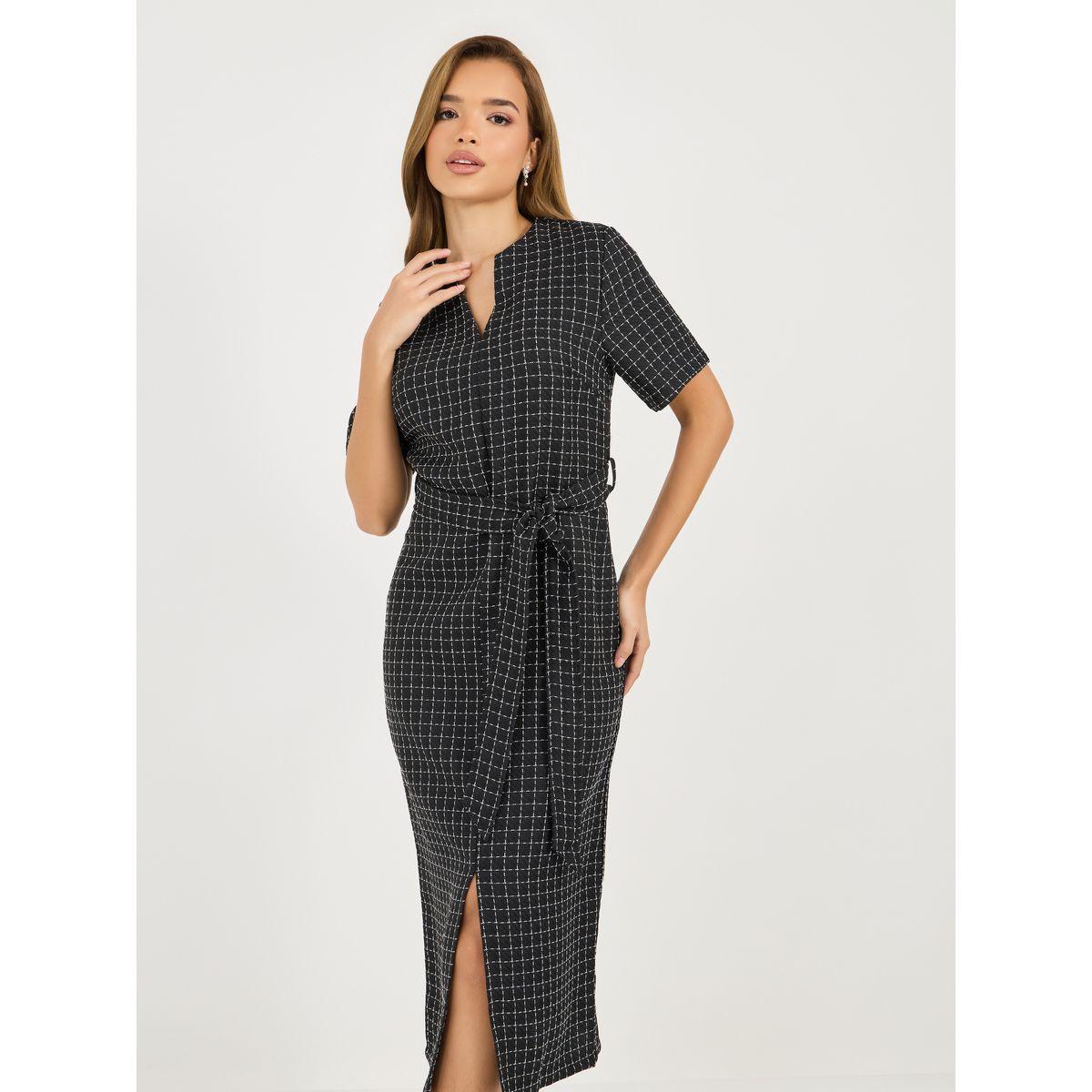 Styli Tweed Checked Sheath Midi Dress with Slit Hem-women-clothing-dresses-image-2