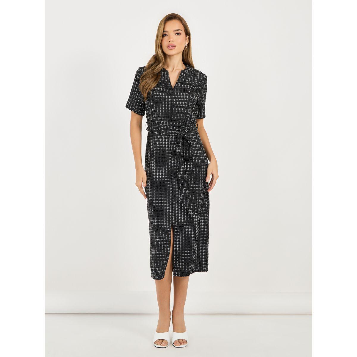 Styli Tweed Checked Sheath Midi Dress with Slit Hem-women-clothing-dresses-image-4