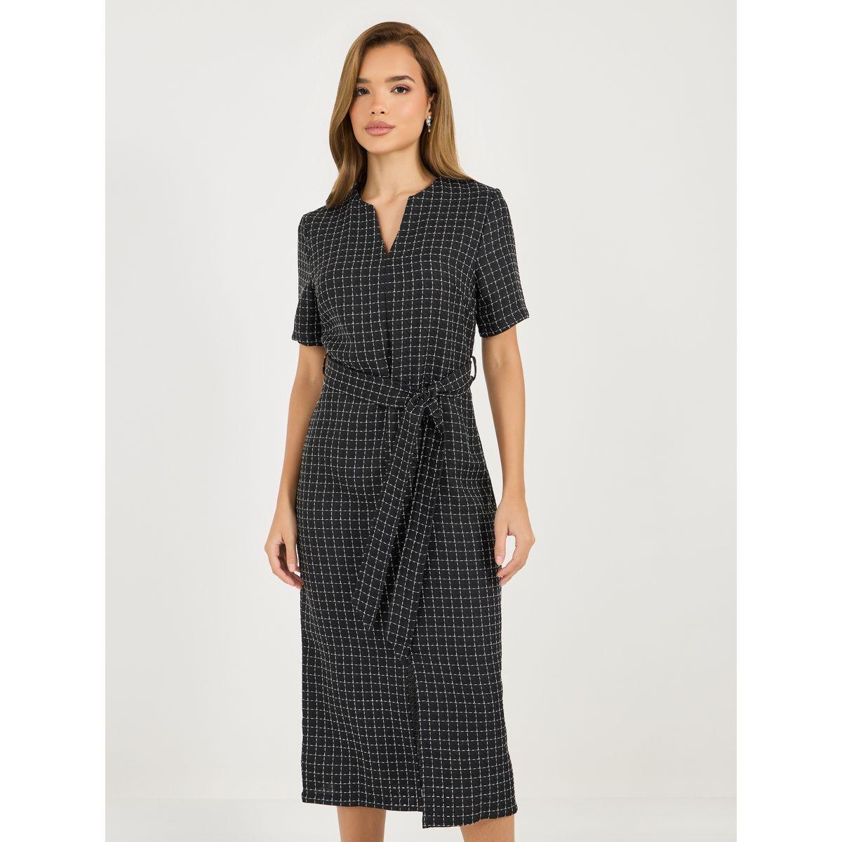 Styli Tweed Checked Sheath Midi Dress with Slit Hem-women-clothing-dresses-image-5