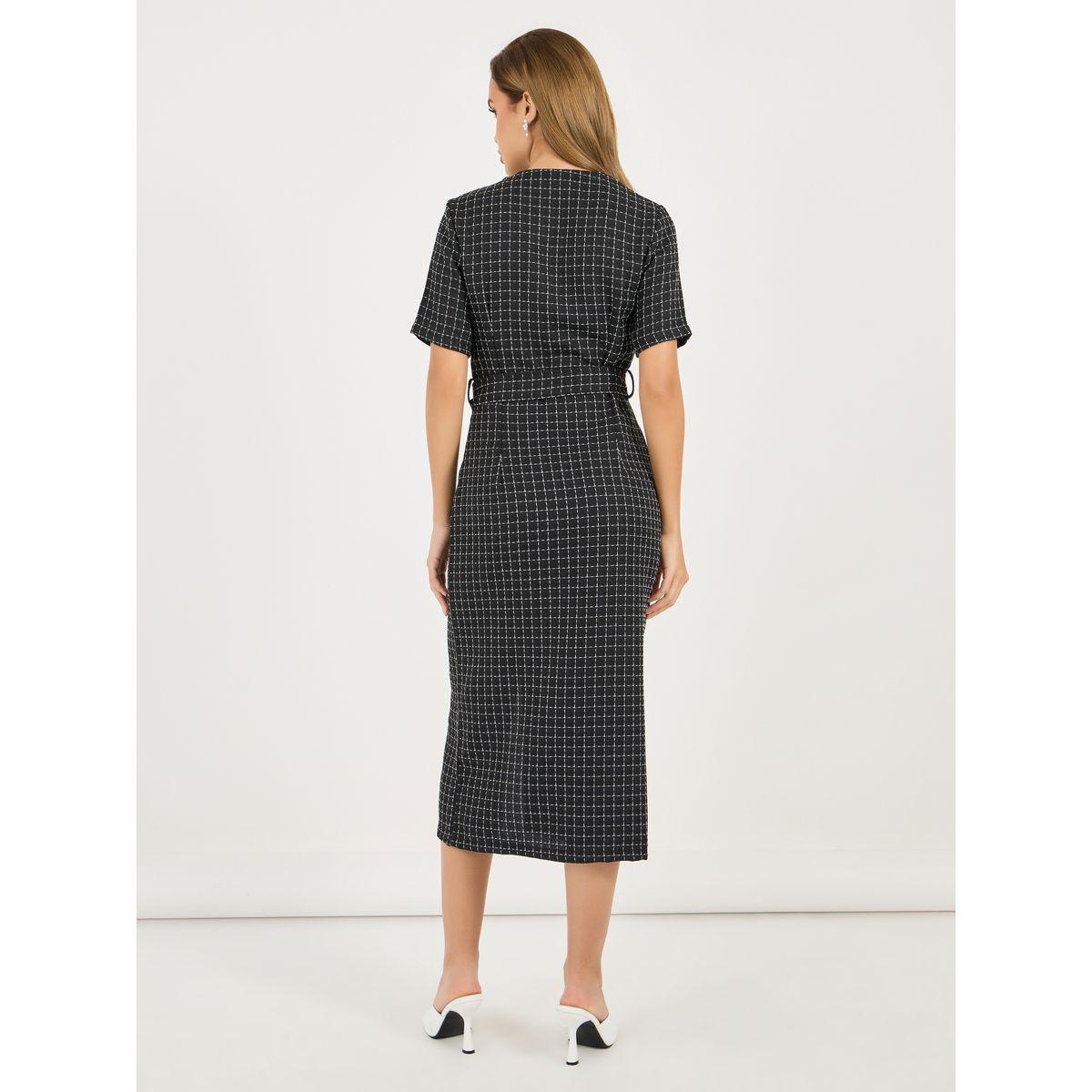 Styli Tweed Checked Sheath Midi Dress with Slit Hem-women-clothing-dresses-image-6
