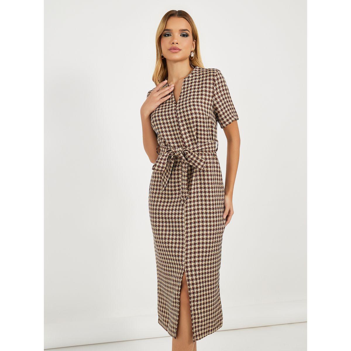 فستان ميدي بطبعة مربعات وأكمام قصيرة-women-clothing-dresses-image-2