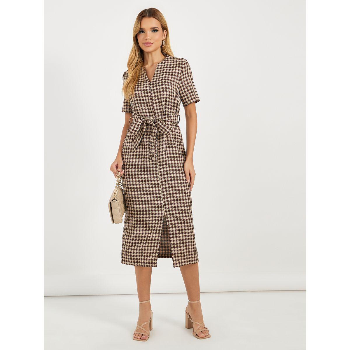 فستان ميدي بطبعة مربعات وأكمام قصيرة-women-clothing-dresses-image-4